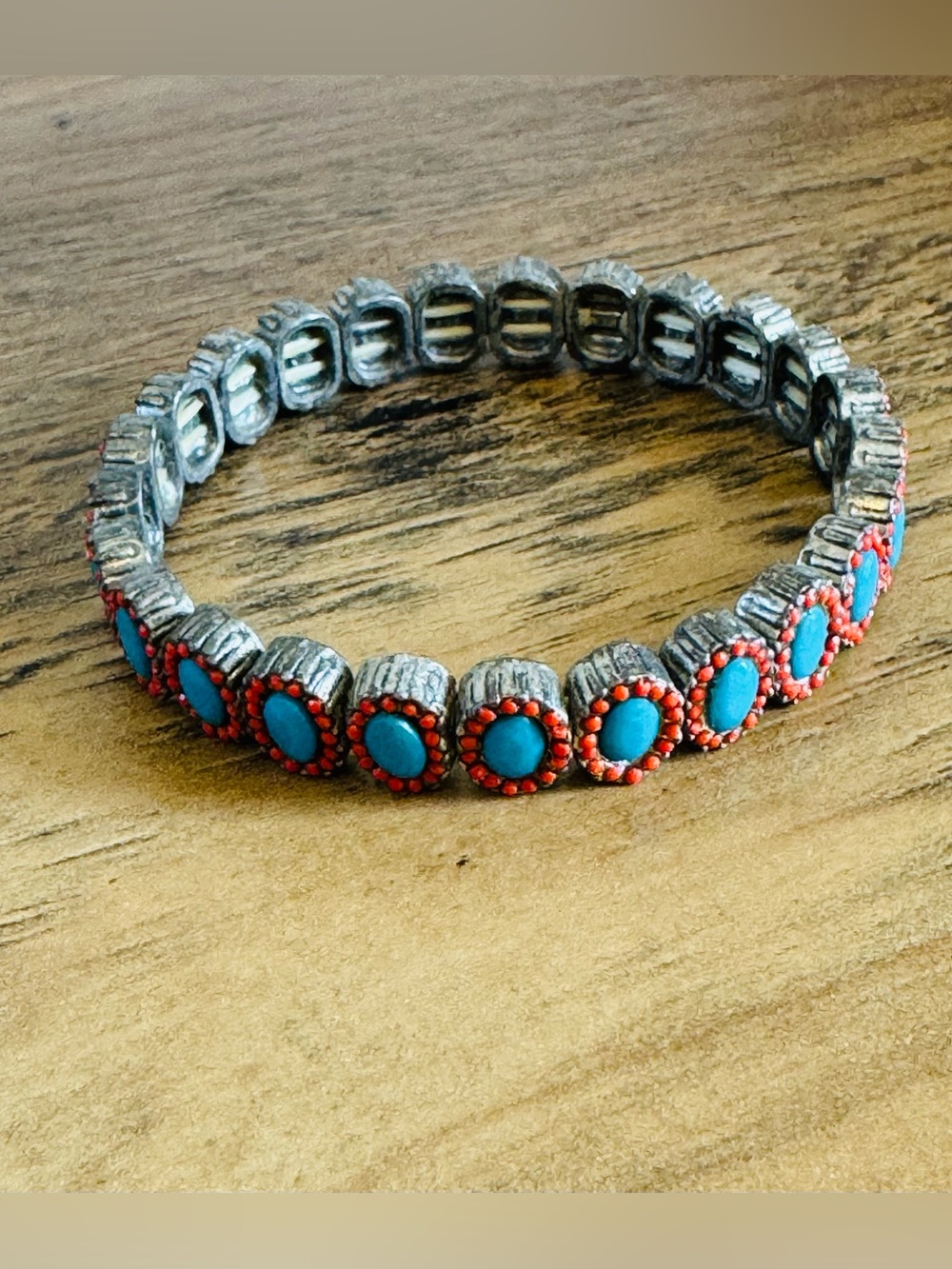 Turquoise and Coral Stretch Bracelet - Women Jewelry Vintage 1990s